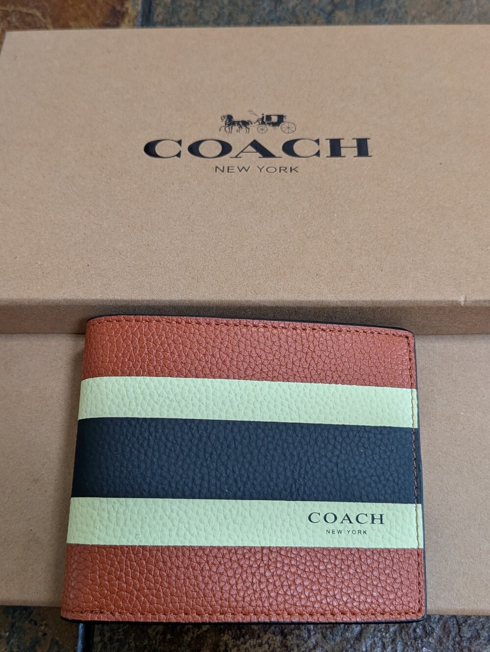 Coach Wallet Saddle Brown with Yellow and Blue Stripes New With Box